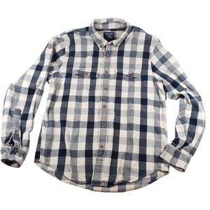 Abercrombie & Fitch Mens Flannel Shirt L Cream Blue Plaid Button Down Long Sleev